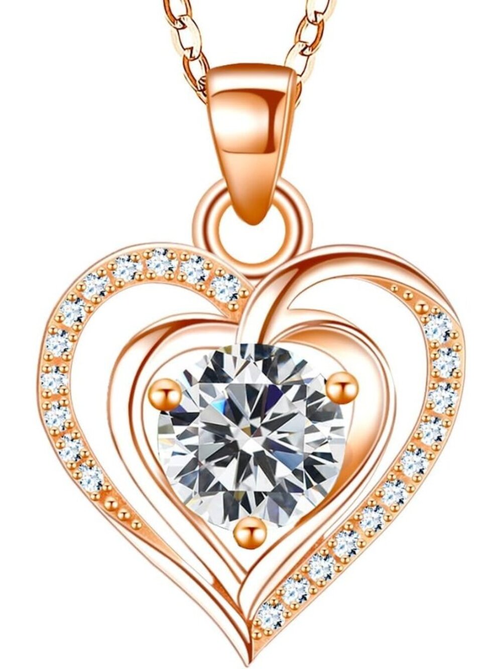 Women Rose Gold 2 925 Sterling Silver Zirconia Heart Birthstone Pendant Necklace